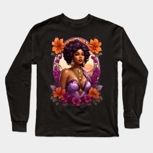 Black Woman in Amethyst Dress retro vintage floral design Long Sleeve T-Shirt